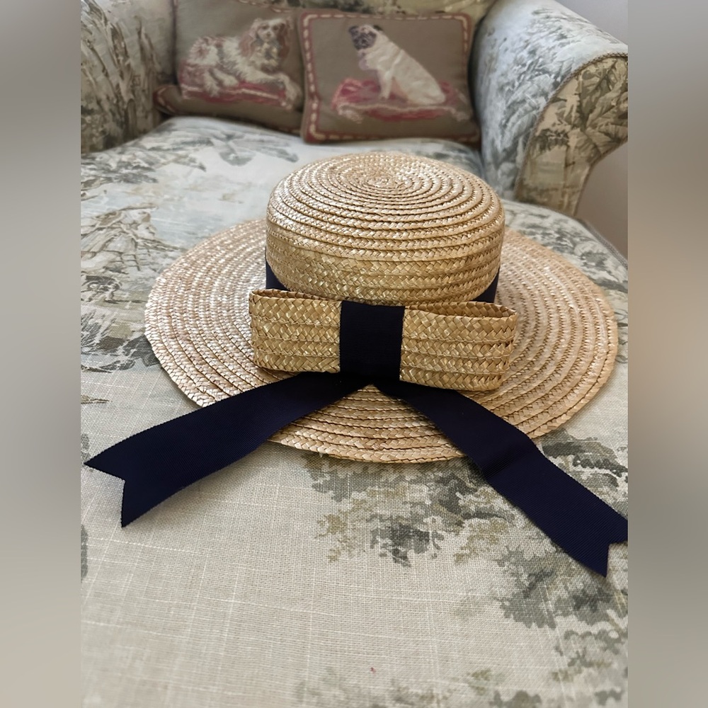 Laura Ashley Straw Hat Vintage Navy Blue Ribbon and Bow New With Tags One Size
